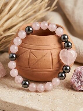 Hand Crafted Rose Quartz & Hematite Heart Stretch Bracelet, Pink, 6 1/4-6 1/2”